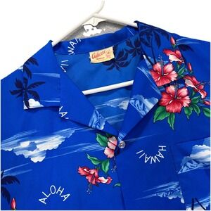 Vintage Aikane Hawaiian Shirt Mens L  Blue Aloha Floral 60's 70's Button Up